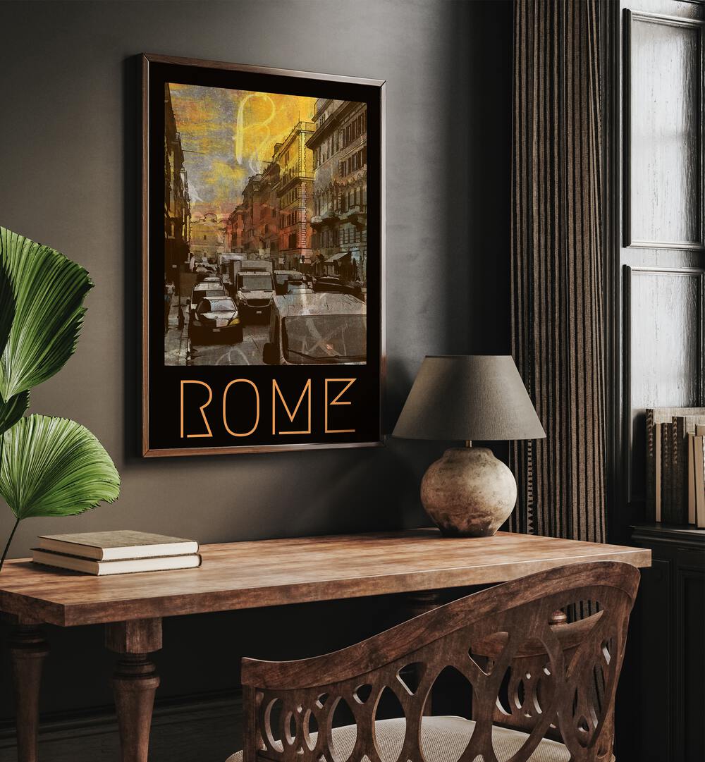 Rome-Retro Retro Vintage Travel Vintage Travel Posters in Dark Wood Plain Frame on a wall above a study table beside a lamp