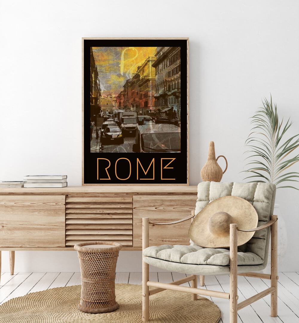 Rome-Retro Retro Vintage Travel Vintage Travel Posters in Oak Wood Plain Frame on a console table beside a plant