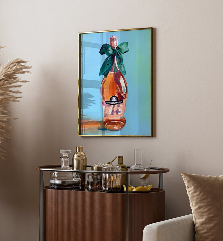 Rosac By Key And Sea Creative Bar and Cafe Art Print in plain gold frame on a cream wall behind a table