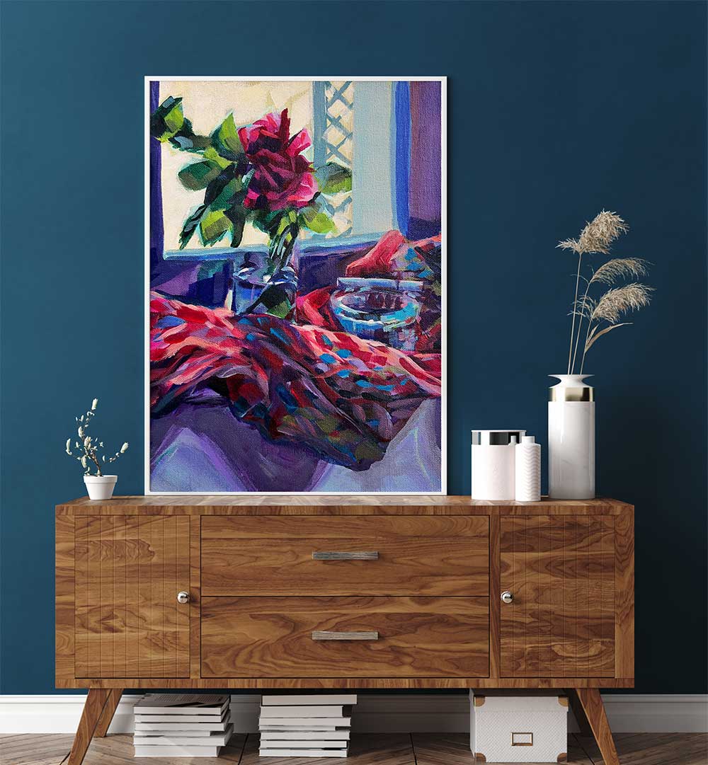 Framed ROSE FRANÇAISE , FLORAL FLOWER PAINTINGS rose still-life with vibrant brushwork above a wooden console