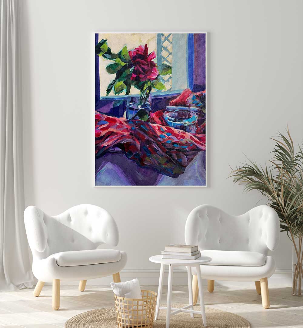 ROSE FRANÇAISE , FLORAL FLOWER PAINTINGS — vibrant red rose in vase on a windowsill with colorful draped cloth
