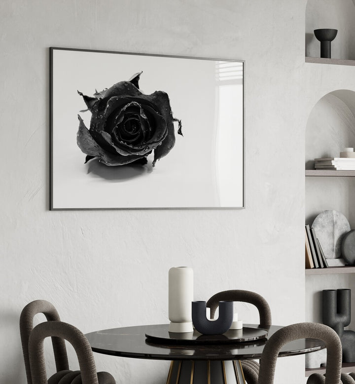 Rose Noir by David Drake Fine Art Photography Fashion Photography in Black Plain Frame placed on a wall behind a dining table