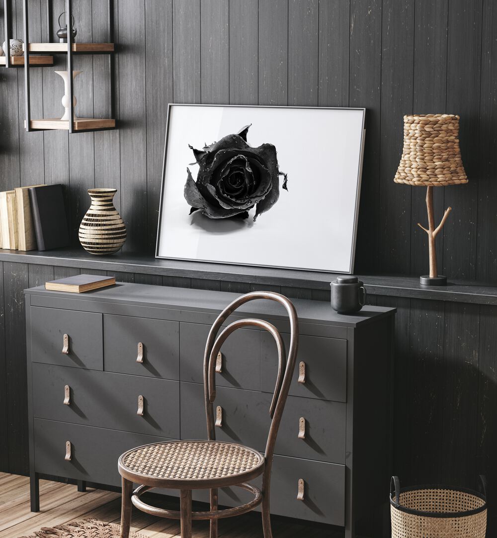 Rose Noir by David Drake Fine Art Photography Fashion Photography in Black Plain Frame placed on a shelf behind a console table