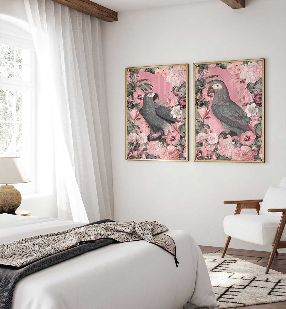 ROSY PARROT DREAMS SET , SET OF 2 PAINTINGS