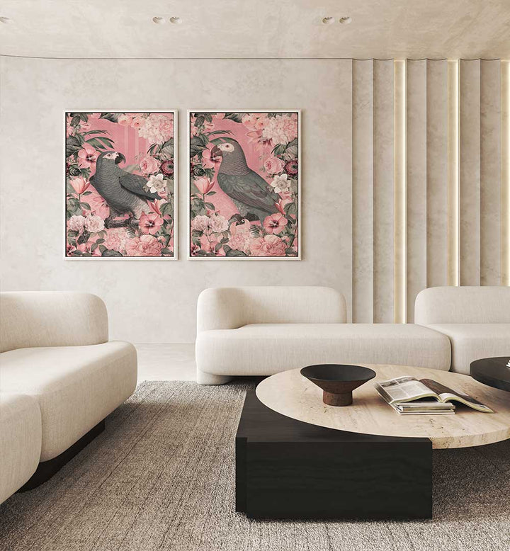 ROSY PARROT DREAMS SET , SET OF 2 PAINTINGS