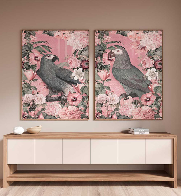 ROSY PARROT DREAMS SET , SET OF 2 PAINTINGS