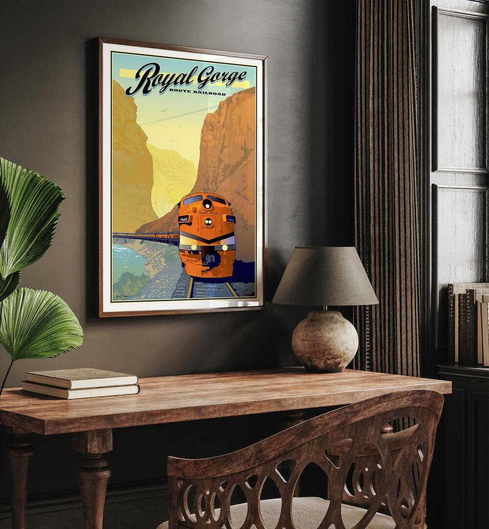 Route Railroad-royal Gorge  Travel Posters in Oak Wood Plain Frame placed on a wall behind a study table