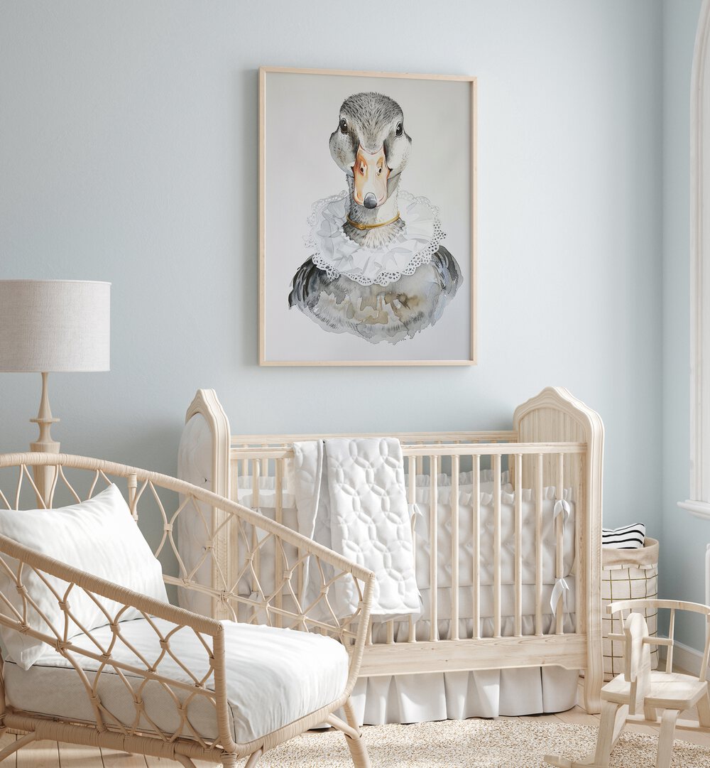 Royal Highness Molly Kids Room Paintings Kids Room Wall Art in Oak Wood Plain Frame placed on a wall in a kids room behind an infant's bed