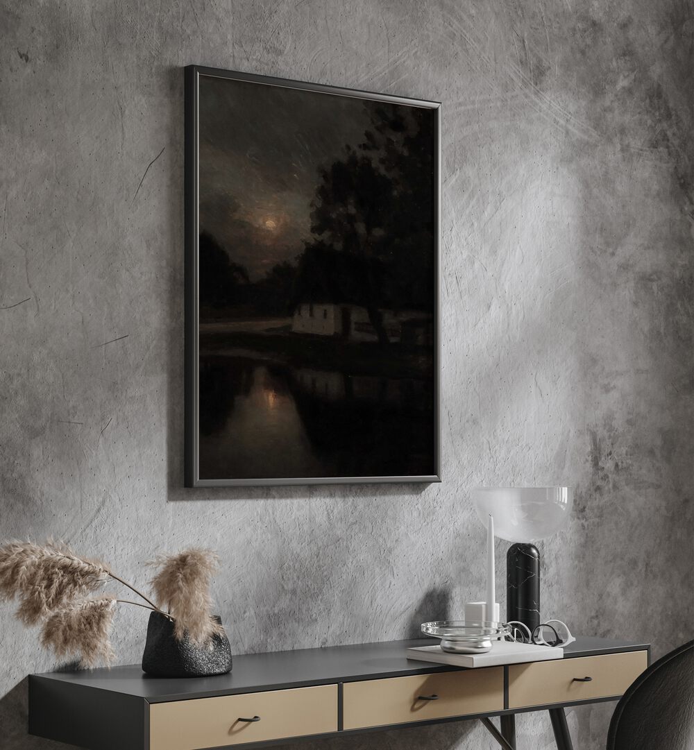 Ruins Of Remorse Gothic Wall Art Prints in Black Plain Frame hanging on wall above console table.