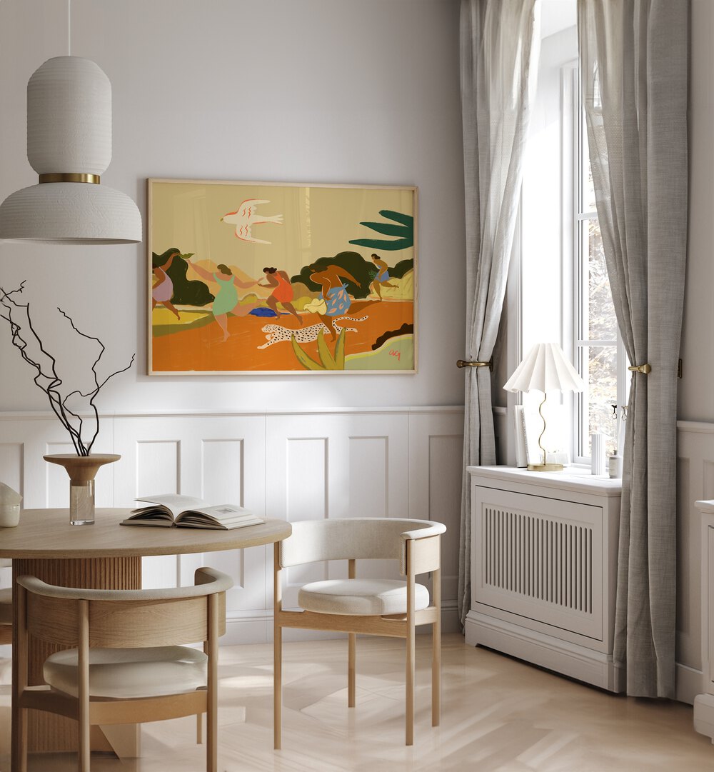 Run By Arty Guava Wall Art Prints in Oak Wood Plain Frame placed on a White Colored Wall near a Dining Table in the Dining Room