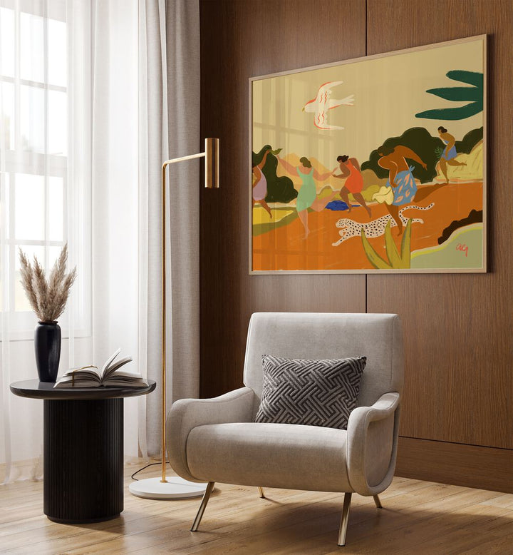 Run By Arty Guava Wall Art Prints in Oak Wood Plain Frame Placed on a Wooden Textured wall in the Drawing Room