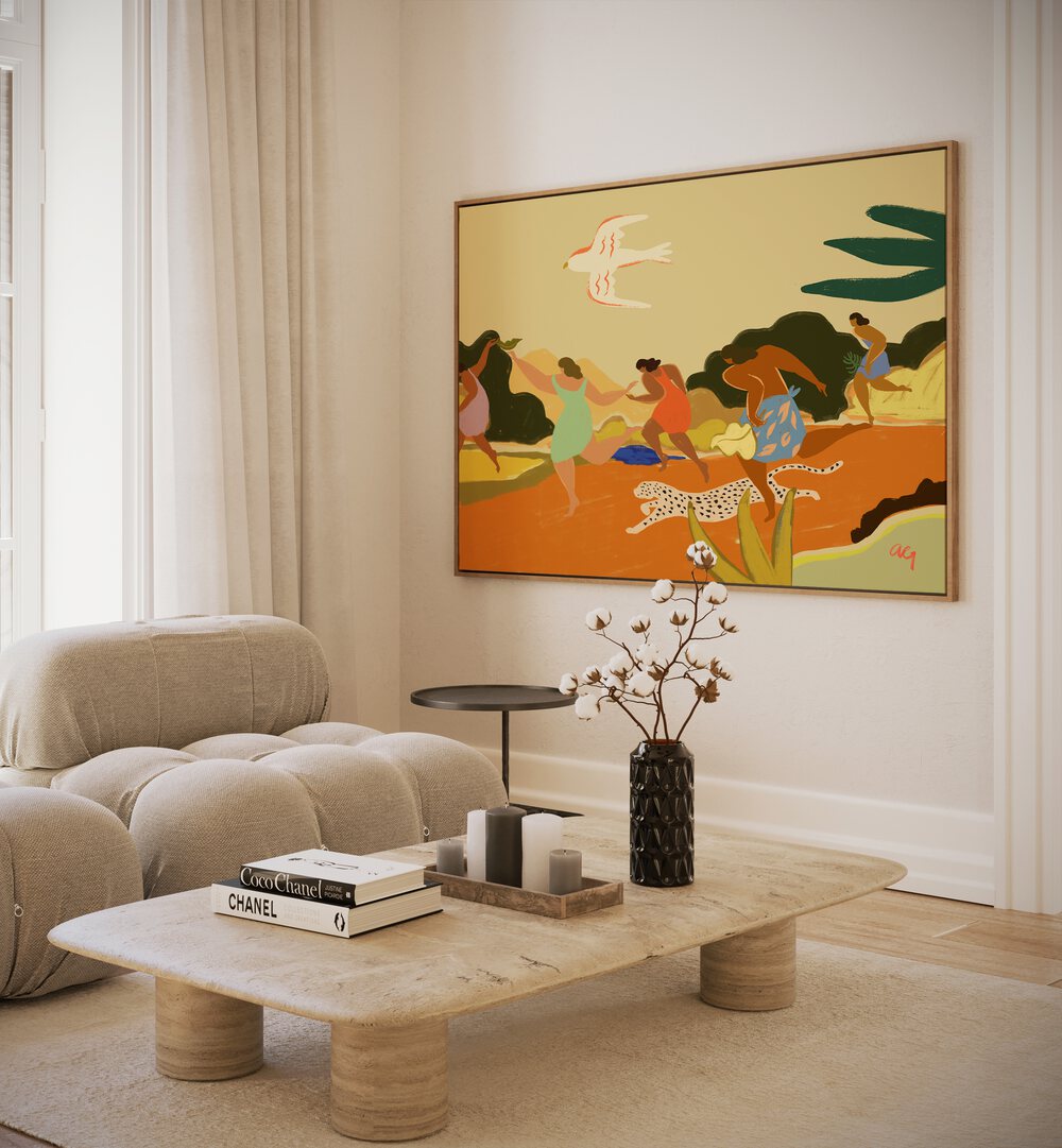 Run By Arty Guava Wall Art Prints in Oak Wood Floater Frame placed on a Cream Colored Wall near a Beige Sofa in the Living Room