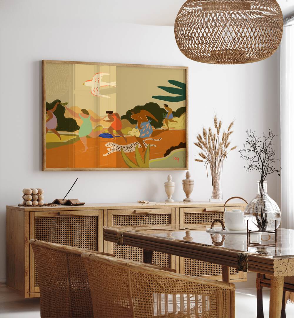 Run By Arty Guava Wall Art Prints in Oak Wood Plain Frame placed on a White Colored Wall near a Dining Table in the Dining Room