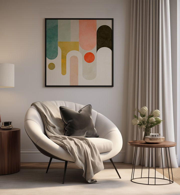 Runde Shapes Kopie By Ana Rut Bre Abstract Art Abstract Paintings in Black Plain Frame placed on a Cream Colored Wall in the Drawing Room