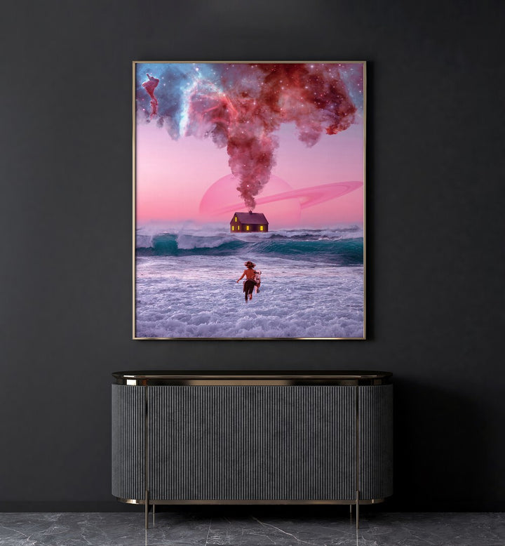 Running Back To You By Ritvik Takkar Surrealism in Gold Plain Frame placed on a Dark Grey Colored Wall above a Console Table in the Drawing Room