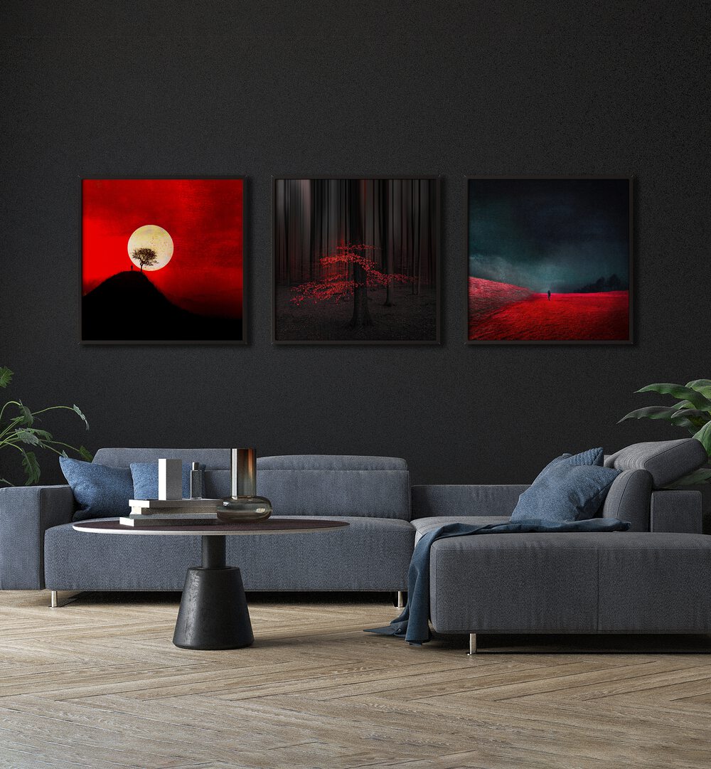 Bold red and black hues define THE RED REALM, SET OF 3 PAINTINGS, perfect for modern abstract decor.