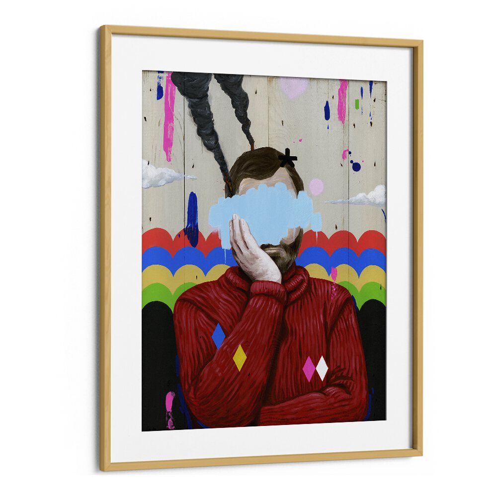 Sad Pop Art Artwork in Oak Wood Frame With Mount