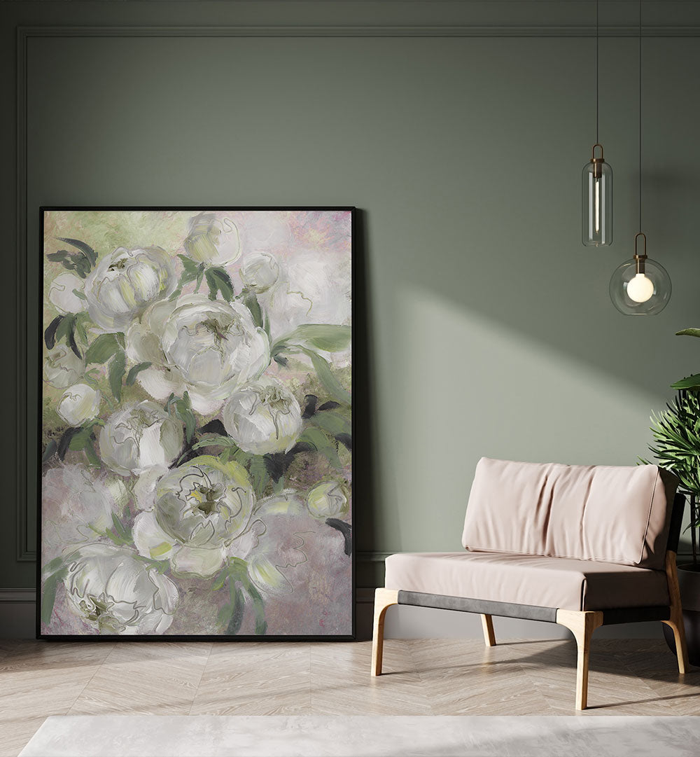 SADY PAINTERLY FLORALS IN GREEN , FLORAL FLOWER PAINTINGS