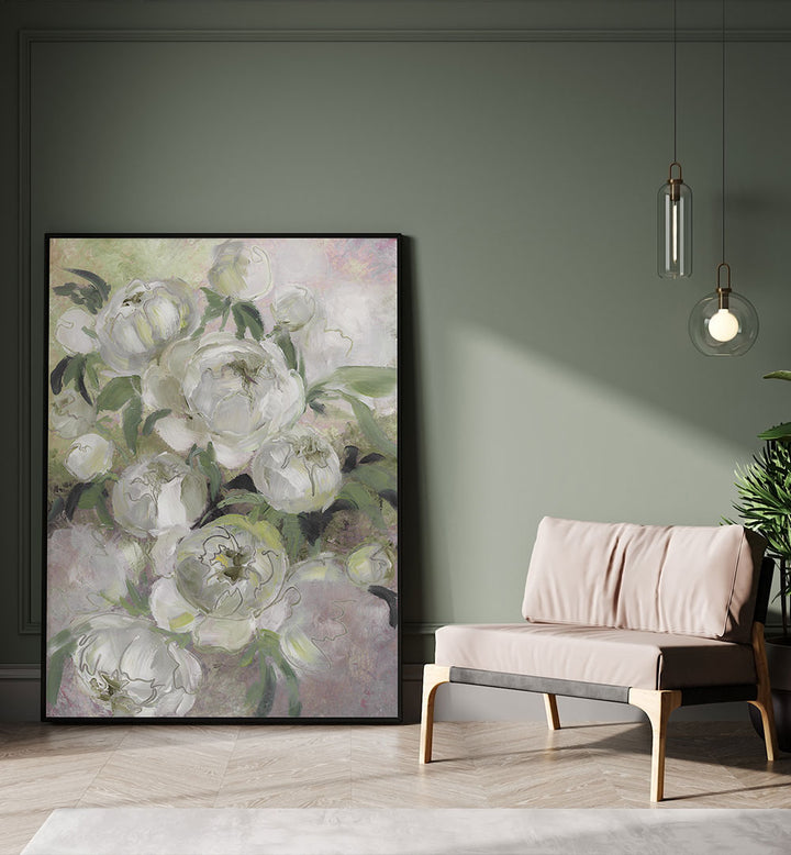 SADY PAINTERLY FLORALS IN GREEN , FLORAL FLOWER PAINTINGS