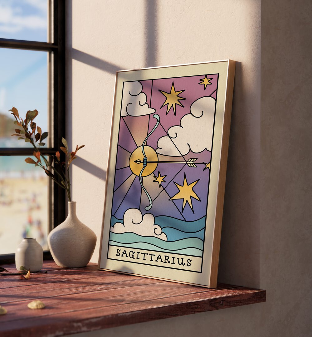 Sagittarius Zodiac & Tarot Art Painting Artwork in plain oakwood frame beside a window