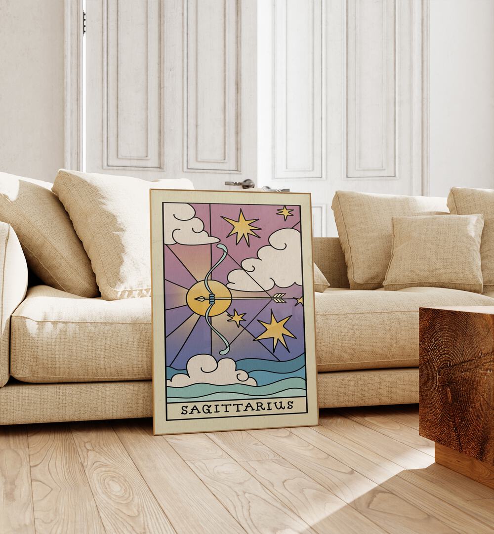 Sagittarius Zodiac & Tarot Art Painting Artwork in plain oakwood frame beside a sofa