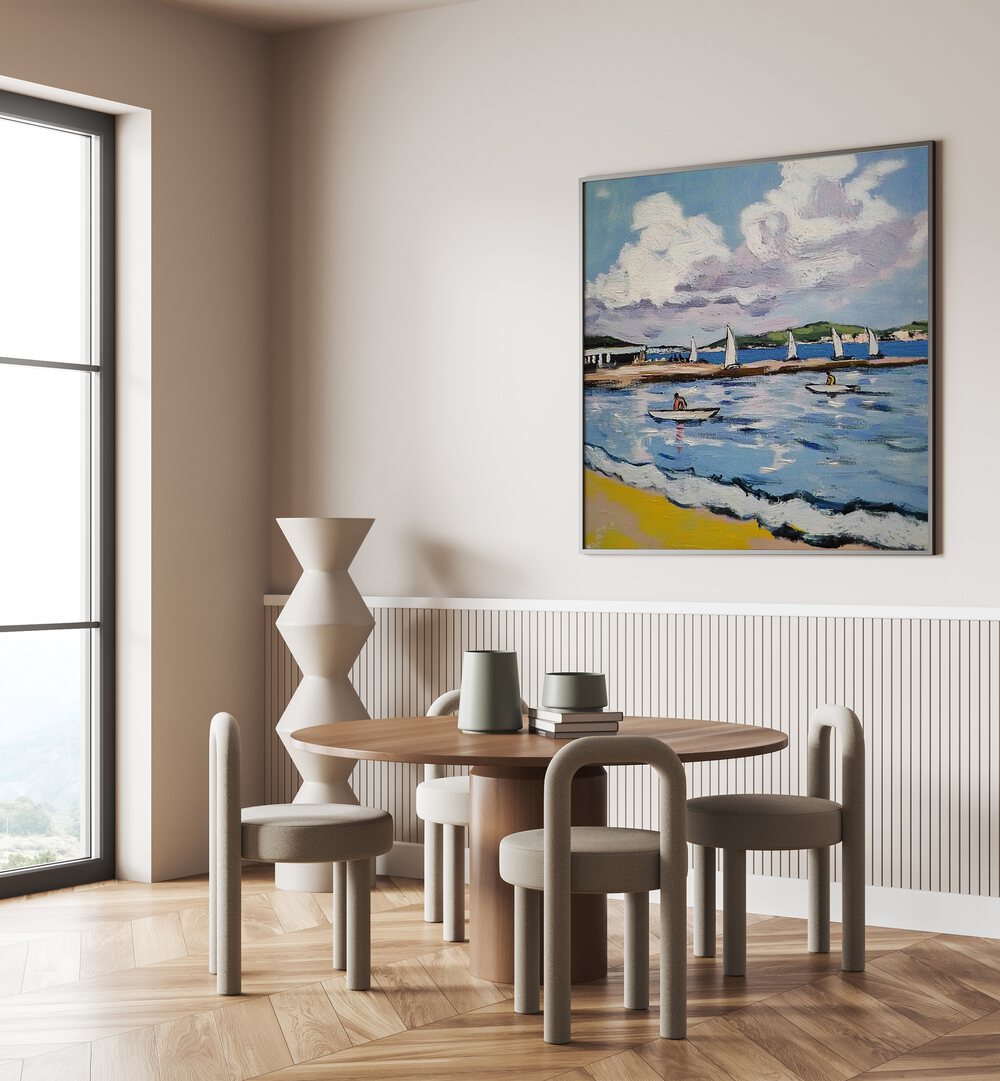 Serene SAILBOATS ON THE BEACH artwork, perfect for enhancing your home or office decor with coastal beauty.