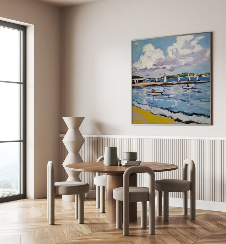 Serene SAILBOATS ON THE BEACH artwork, perfect for enhancing your home or office decor with coastal beauty.