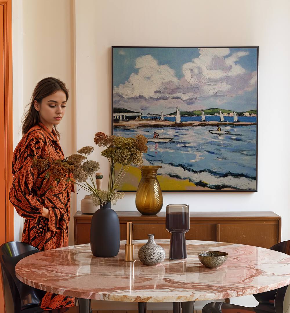 Serene SAILBOATS ON THE BEACH artwork adds coastal charm to your decor, bringing tranquility to any space.