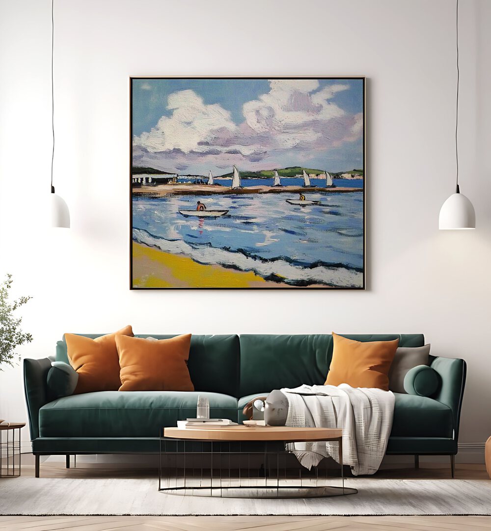 Vibrant SAILBOATS ON THE BEACH artwork, capturing coastal serenity, perfect for enhancing any home decor.