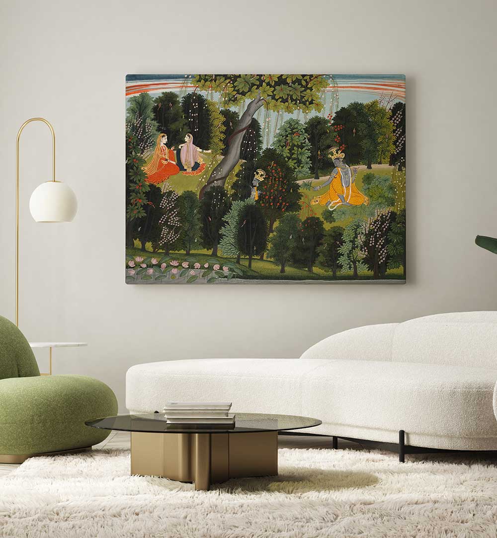 SAKHI PERSUADES RADHA TO MEET KRISHNA , INDIAN ART PAINTINGS