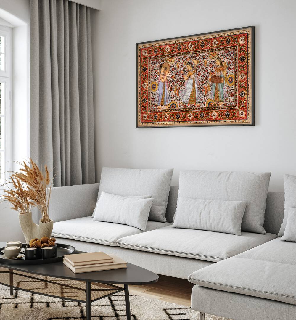 Samsara Symphony Indian Art Painting Artwork in Black Plain Frame placed on a White Wall behind a White Sofa in the Living Room