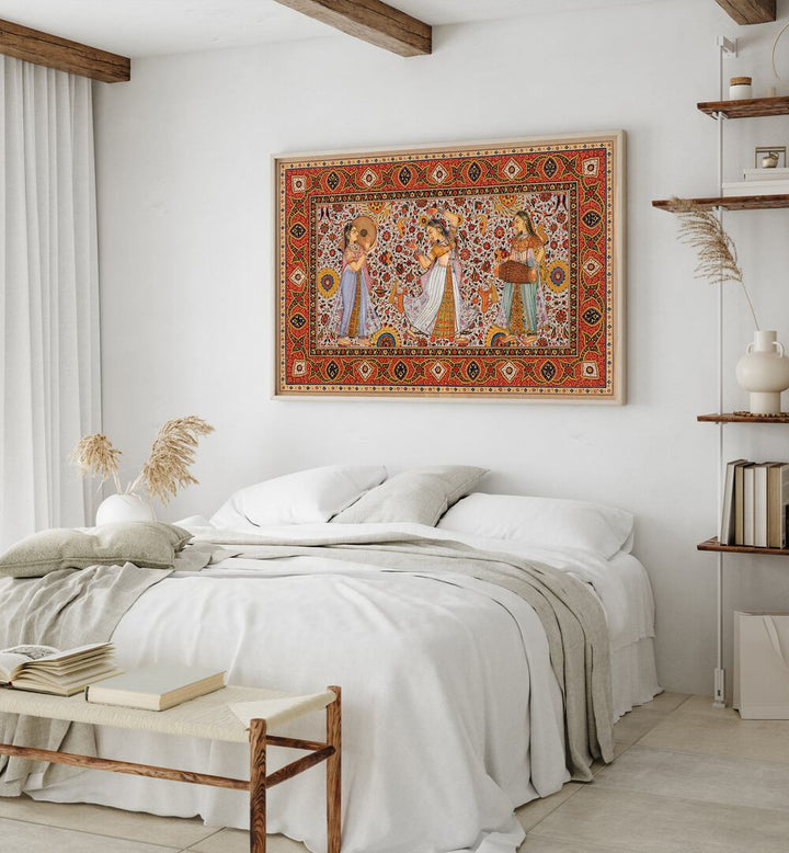 Samsara Symphony Indian Art Painting Artwork in Oak Wood Plain Frame placed on a White wall near the bed in the bedroom