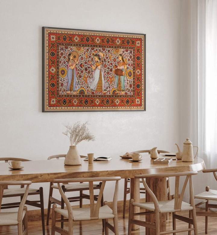 Samsara Symphony Indian Art Painting Artwork in Black Plain Frame placed on a White wall near a dining table in the dining room