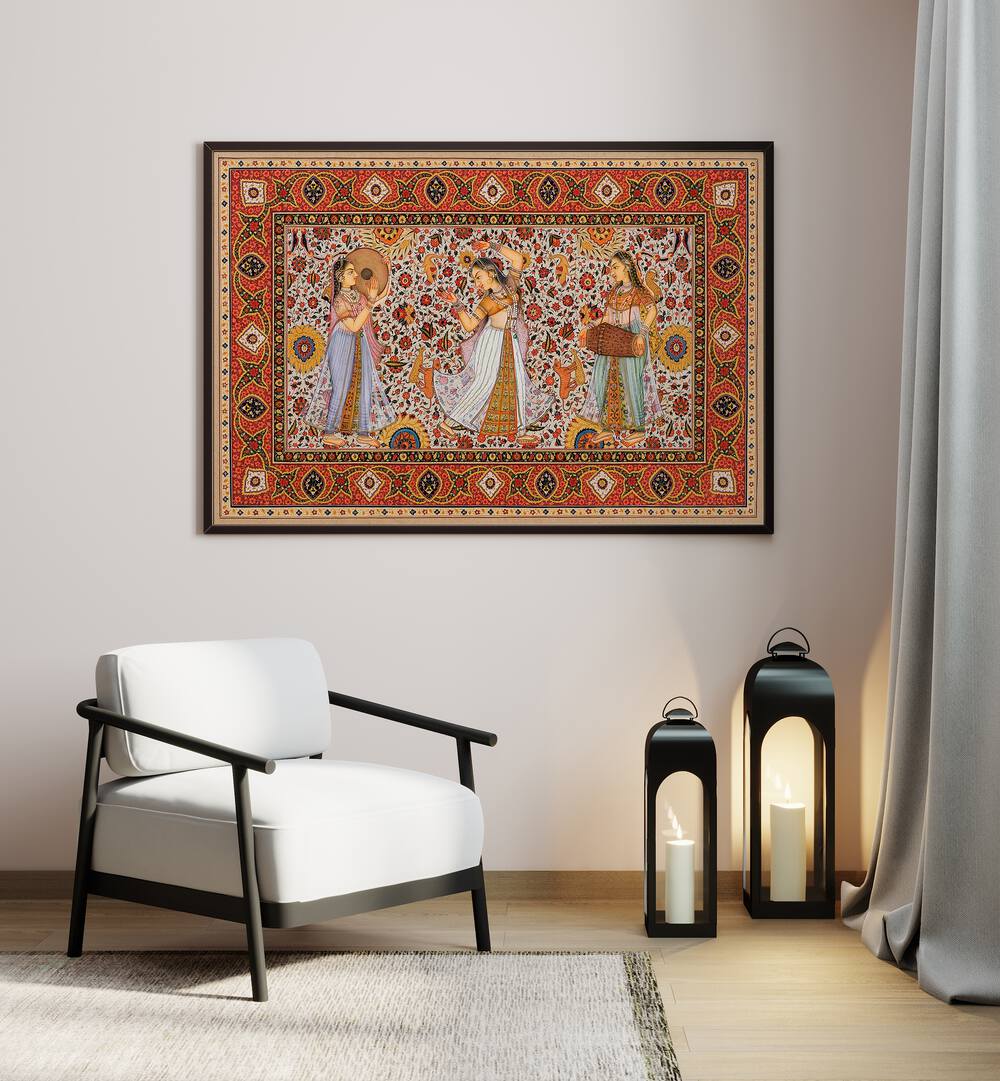 Samsara Symphony Indian Art Painting Artwork in Black Plain Frame placed on an Off White Wall next to a white Cushioned Chair in the Drawing Room