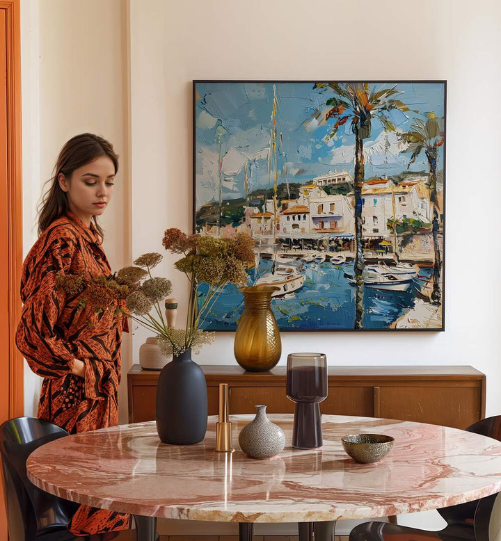 Stylish interior featuring the vibrant art piece SANT JUAN SPAIN, capturing the essence of travel and culture.