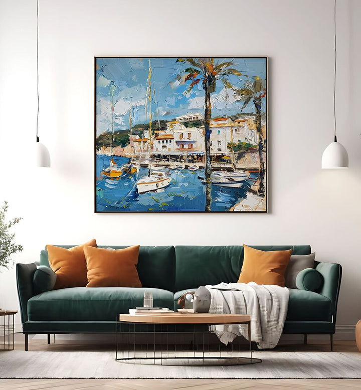 Vibrant scene of boats and palm trees, capturing the charm of SANT JUAN SPAIN, perfect for travel enthusiasts.