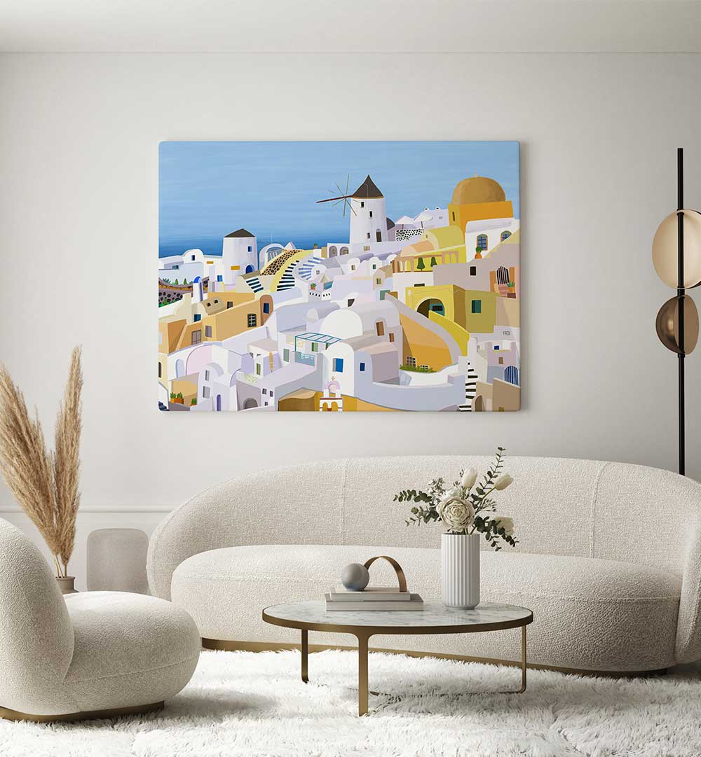 SANTORINI, YELLOW AND WHITE GREEK , TRAVEL POSTERS
