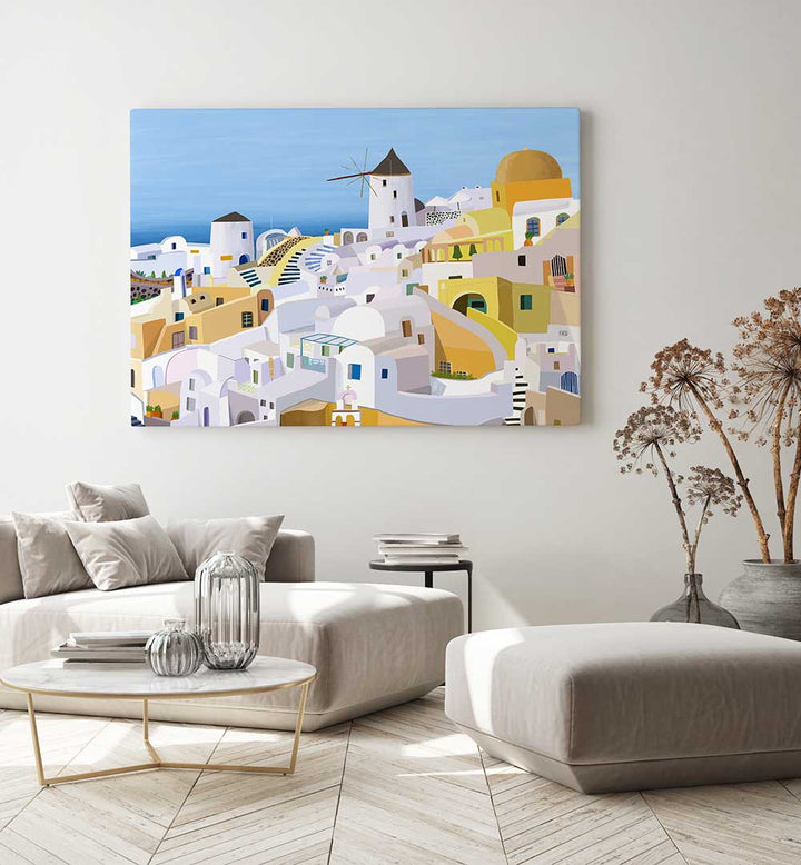 SANTORINI, YELLOW AND WHITE GREEK , TRAVEL POSTERS