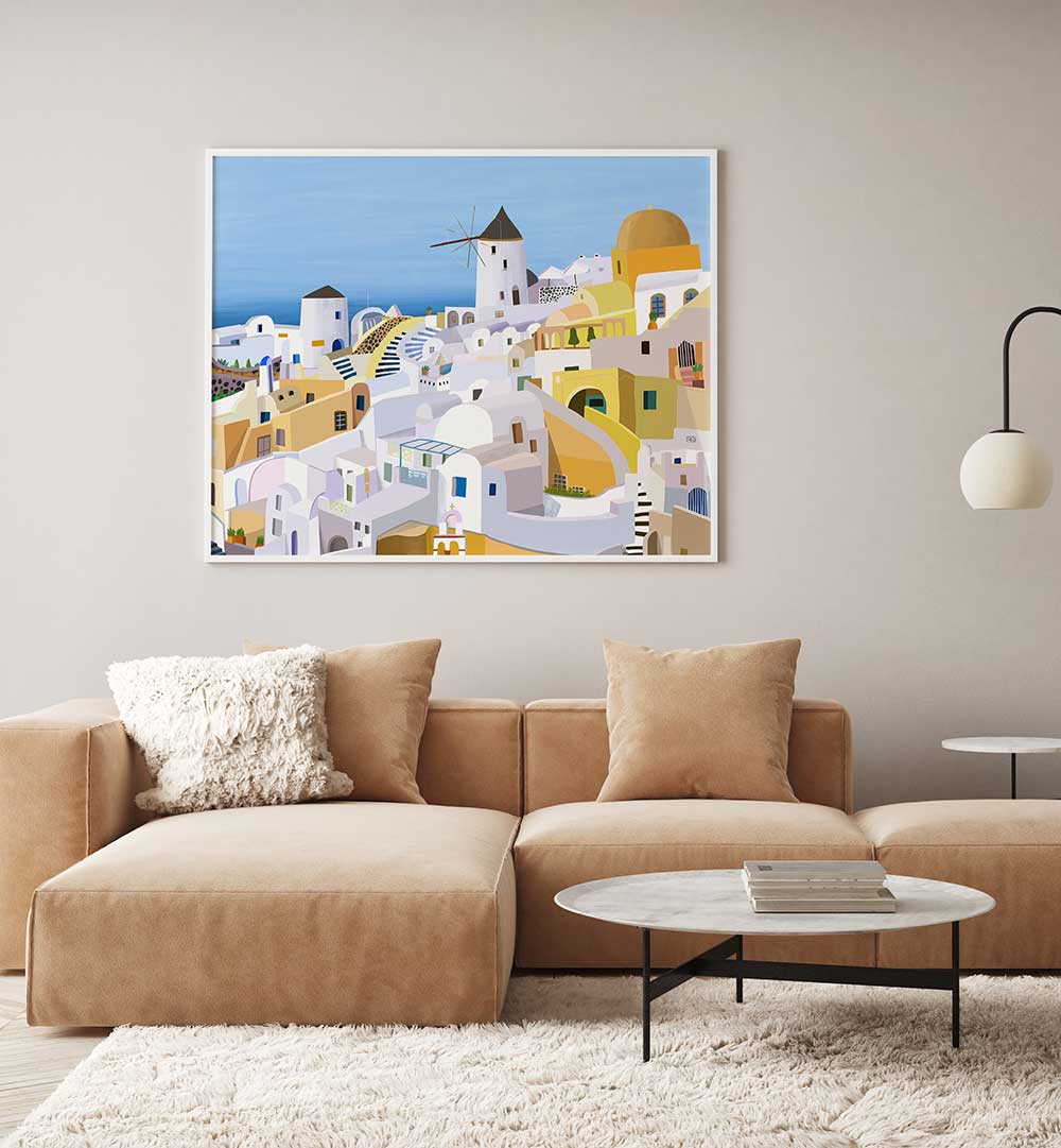 SANTORINI, YELLOW AND WHITE GREEK , TRAVEL POSTERS