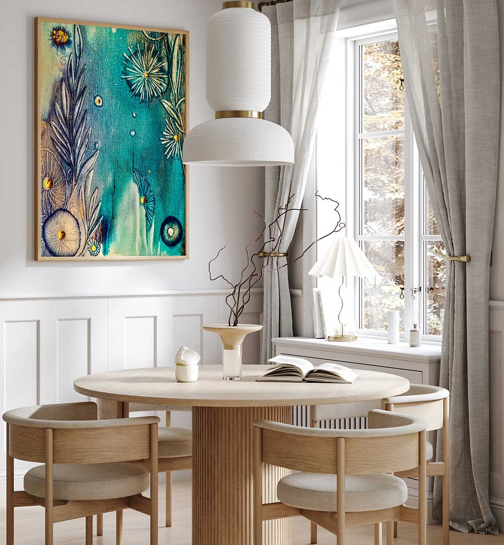 Bright and vibrant SAPPHIRE REEF, BEACH PAINTINGS enhance the serene atmosphere of a seaside-inspired home.