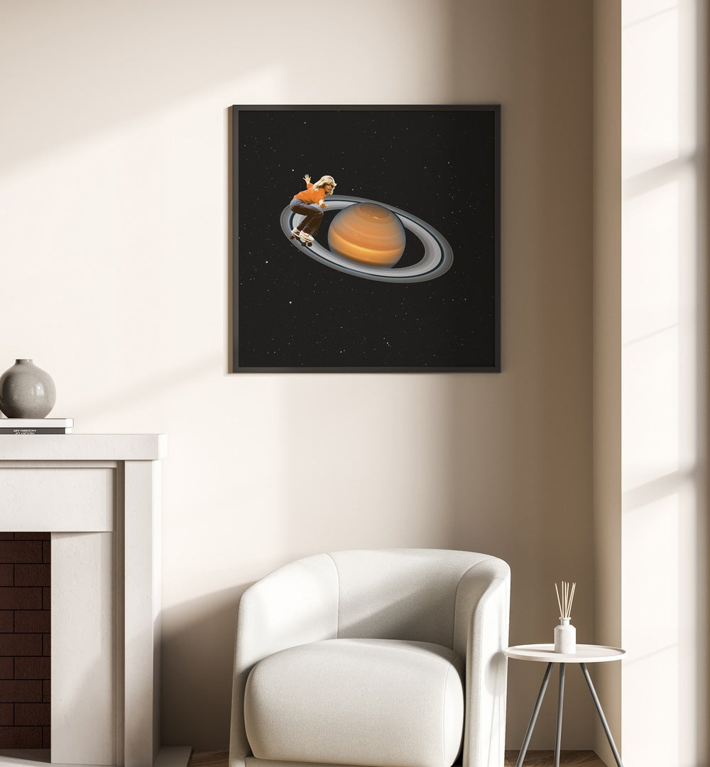 Saturn Skating -Skateboard Surreal Art Painting Artwork in plain black frame above a white sofa on a beige wall