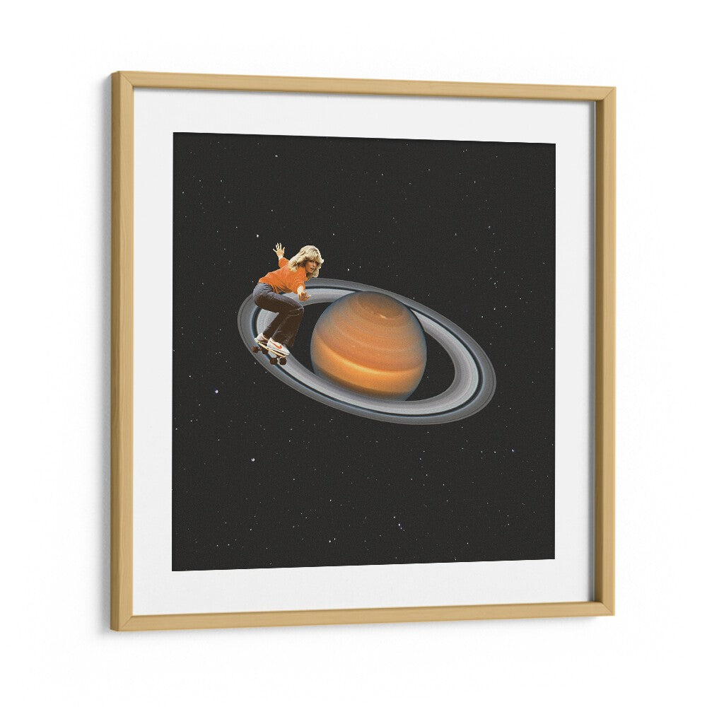 Saturn Skating -Skateboard Surreal Painting Artwork in Oak Wood Frame With Mount