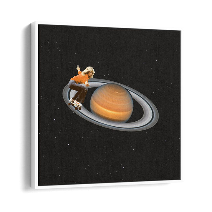 Saturn Skating -Skateboard Surreal Painting Artwork  in White Floater Frame