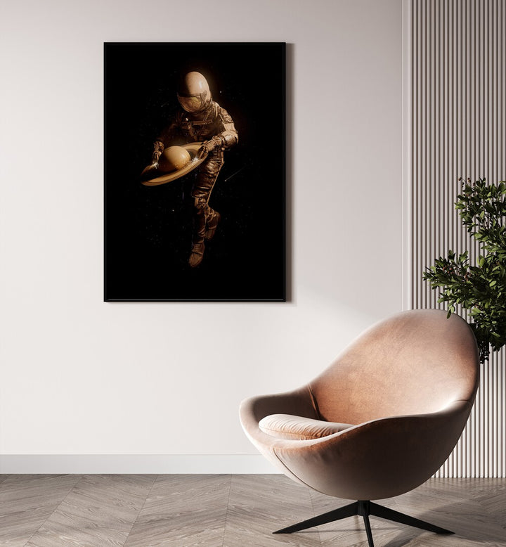 Saturntable By Francis Minoza Astronaut & Nasa Paintings, Space Art Prints Artwork in Black Plain Frame placed on a Cream Colored Wall in the Drawing Room
