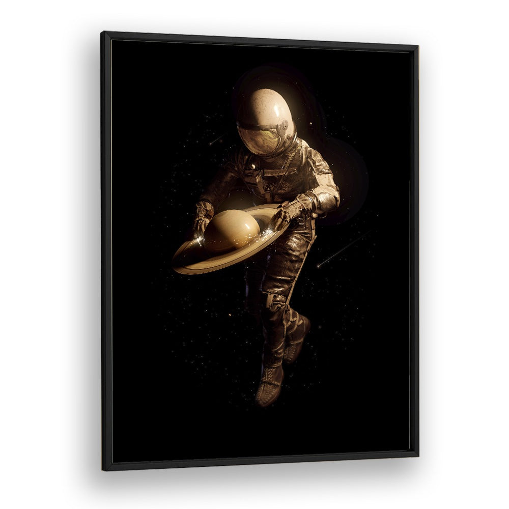 Saturntable By Francis Minoza Astronaut & Nasa Paintings, Space Art Prints Artwork in Black Plain Frame
