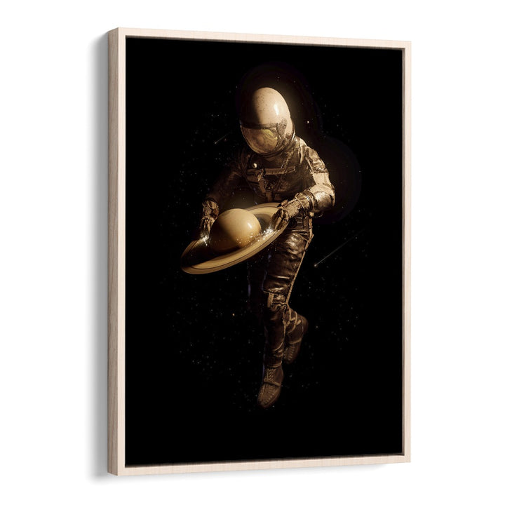 Saturntable By Francis Minoza Astronaut & Nasa Paintings, Space Art Prints Artwork in Oak Wood Floater Frame
