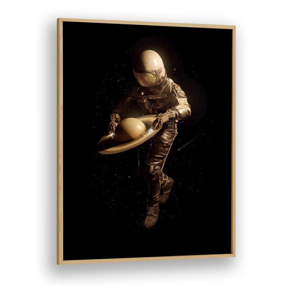 Saturntable By Francis Minoza Astronaut & Nasa Paintings, Space Art Prints Artwork in Oak Wood Plain Frame
