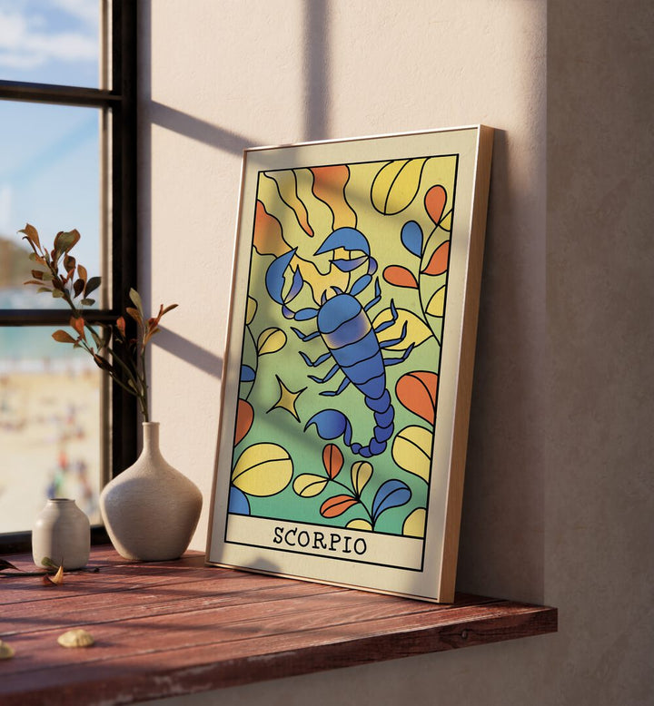 Scorpio Zodiac & Tarot Art Painting Artwork in plain oakwood frame beside a window