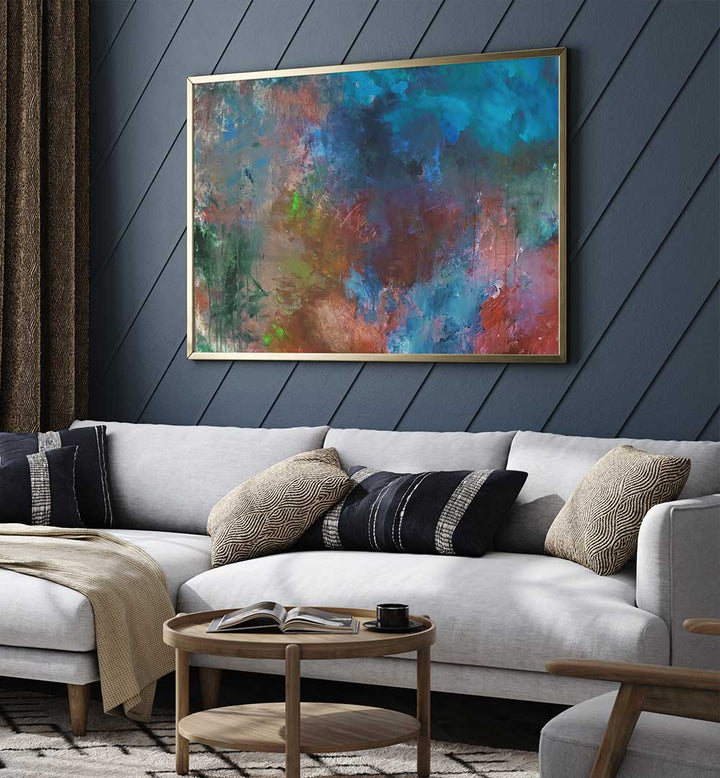 Vibrant SCRATCH OF COLOUR, ABSTRACT PAINTINGS enhancing a stylish living room with artistic flair and emotional depth.