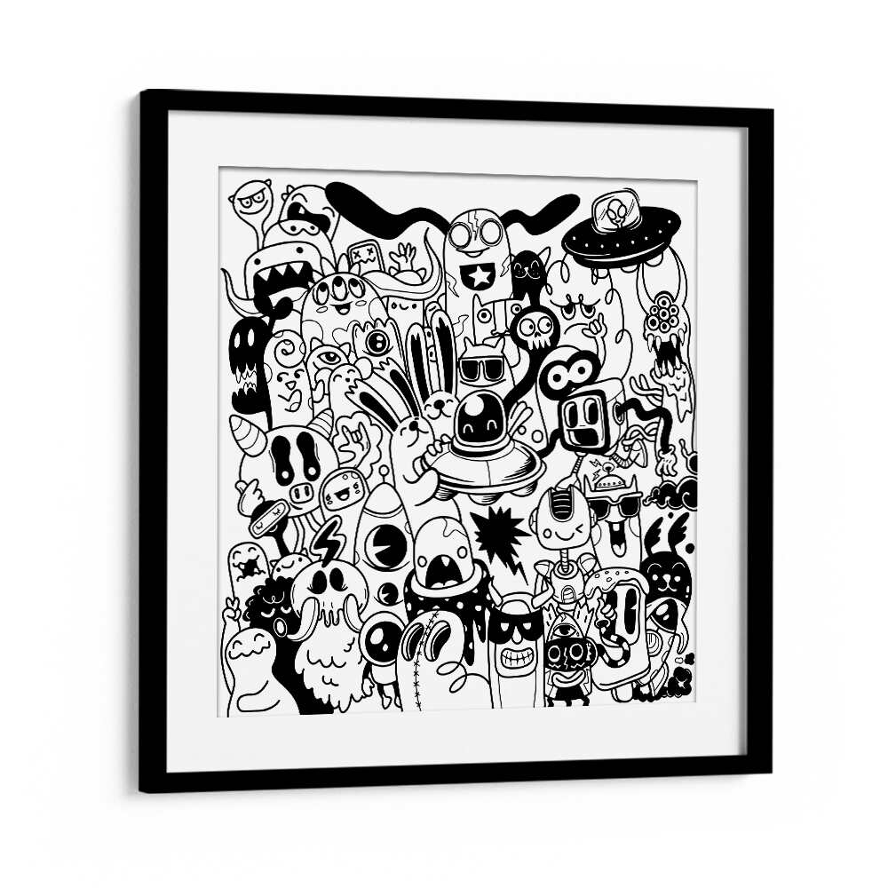 Scribble Skedaddle B&w Doodle Art Artwork in Black Frame With Mount